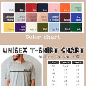 May include: Unisex t-shirt size chart with a model wearing a heather grey t-shirt. The chart shows sizes XS through 4XL with corresponding width and length measurements in inches.