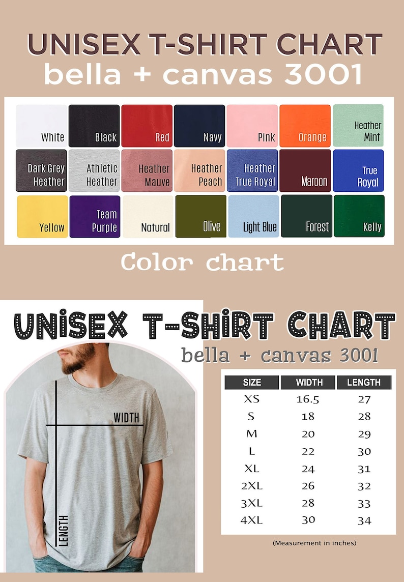 May include: Unisex t-shirt size chart with a model wearing a heather grey t-shirt. The chart shows sizes XS through 4XL with corresponding width and length measurements in inches.