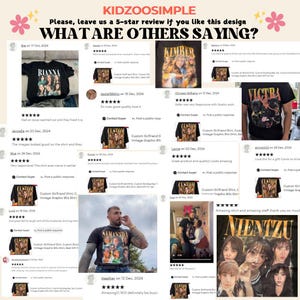 May include: A collage of customer reviews for various graphic t-shirts. The shirts feature designs with text and images of celebrities and bands. The reviews are accompanied by a logo that says "KIDZOOSIMPLE".