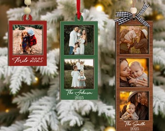 May include: Three personalized wooden Christmas ornaments with family photos. One red ornament with a single photo and the name "Milo 2025". A green ornament with two photos and the name "The Johnson 2025". A brown ornament with three photos and the name "The Smith 2025".
