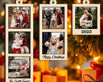 May include: Wooden Christmas ornaments with family photos. Each ornament has a wooden frame with a photo and a string for hanging. One ornament says "Merry Christmas", another says "2025", and another says "The Smith Family".