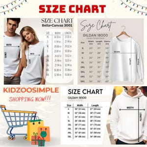 May include: Size charts for Bella+Canvas 3001, Gildan 18000 unisex sweatshirt, and Gildan 18500 unisex hoodie. Charts show measurements in inches for width, length, and sleeve length. The image includes the text "KIDZOOSIMPLE SHOPPING NOW!!!".