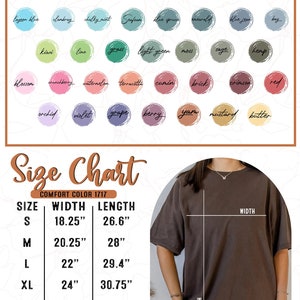 May include: A size chart for unisex t-shirts with a model wearing a brown t-shirt. The chart shows the width and length measurements for sizes S through 4XL in inches. The model is 5'3" and wearing a size XL for an oversized fit.