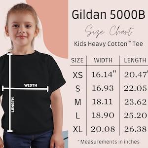 May include: A black Kids Heavy Cotton Tee with a size chart. The chart shows measurements in inches for sizes XS to XL. The width measurements range from 16.14" to 20.08", and the length measurements range from 20.47" to 26.38".