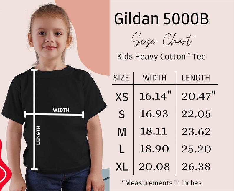 May include: A black Kids Heavy Cotton Tee with a size chart. The chart shows measurements in inches for sizes XS to XL. The width measurements range from 16.14" to 20.08", and the length measurements range from 20.47" to 26.38".