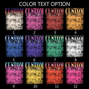 May include: A graphic featuring twelve color options for custom text. Each option displays a cloud-like background with lightning bolts and stars, and the word "CUSTOM" in a gradient font. The options include various colors such as white, pink, red, and yellow.