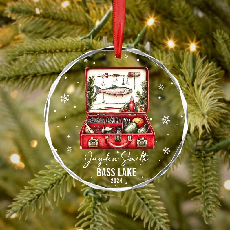 Fishing Tackle Box Ornament, Fisherman Glass Ornament, Dad Fishing