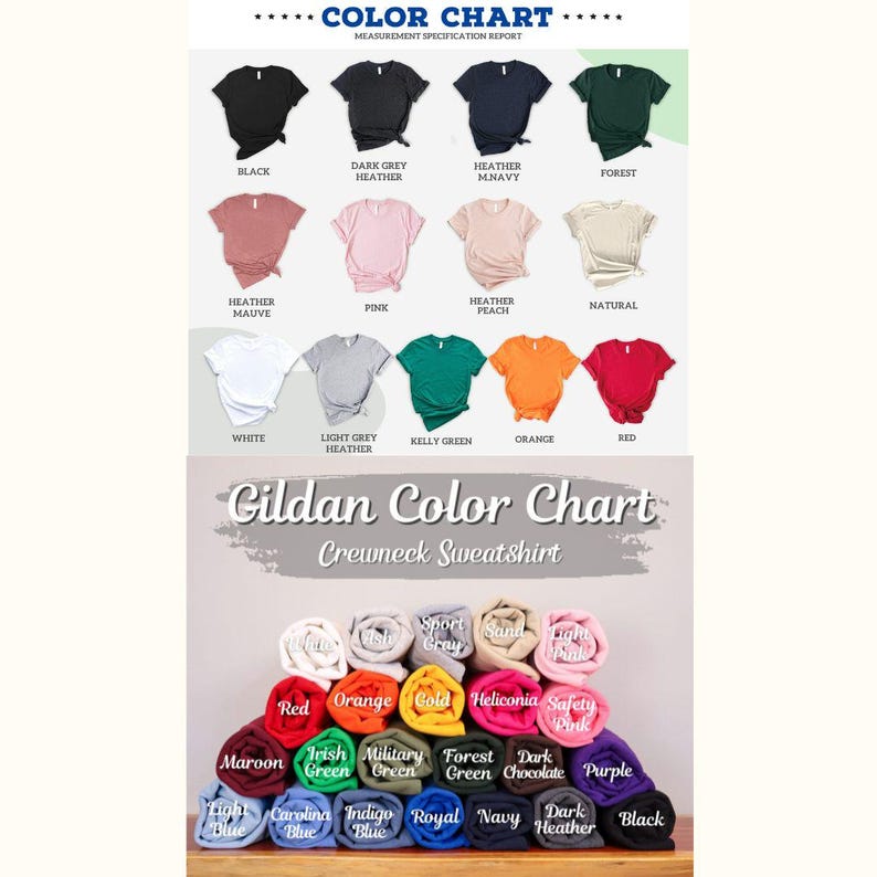 May include: Color chart showing various t-shirt and crewneck sweatshirt colors. The top section displays t-shirts in colors like black, pink, and orange. The bottom section showcases rolled-up crewneck sweatshirts in shades such as red, green, and purple. Text includes "COLOR CHART" and "Gildan Color Chart".