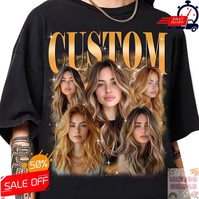 May include: Black t-shirt featuring a graphic design with the word "CUSTOM" in gold lettering. The design includes multiple portraits of a woman with long, wavy hair. A "50% SALE OFF" sticker is visible.