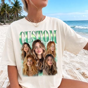 May include: Cream-colored t-shirt featuring the word "CUSTOM" in a green gradient font. Below the text are five portraits of a woman with varying hair colors. The background has a subtle green and white design.