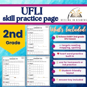 May include: A vibrant educational worksheet designed for 2nd grade pupils. The page features reading, mapping, and spelling activities, with the text "UFLI skill practice page" at the top. The image also includes the text "What's Included:" and bullet points.