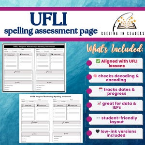 Puede incluir: Una página de evaluación de ortografía con el texto "UFLI spelling assessment page" y "Reeling in Readers". La imagen incluye formularios de evaluación y una lista de características: alineado con las lecciones, verifica la decodificación, rastrea el progreso, ideal para datos, diseño fácil de usar y versiones de baja tinta.