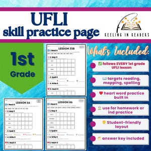 Könnte beinhalten: Eine UFLI-Übungsseite für die 1. Klasse mit Lese-, Zuordnungs- und Rechtschreibübungen. Die Seite enthält Lektionsbeispiele mit dem Text "What's Included" und Aufzählungspunkten, die wichtige Funktionen hervorheben.