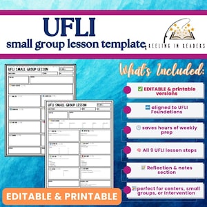 May include: A teal and white graphic with the text "UFLI small group lesson template" and "Reeling in Readers." The image includes two lesson templates and a list of features, including editable and printable versions, aligned to UFLI Foundations.
