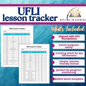 May include: A lesson tracker with the text "UFLI lesson tracker" in navy blue and white. The image includes two lesson tracker sheets and a list of features, such as tracking progress and a bonus blank template.