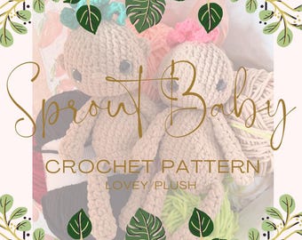 Puede incluir: Dos muñecas amigurumi de crochet con detalles de hilo verde y rosa. Las muñecas son de color beige y tienen ojos grandes. Las muñecas están rodeadas de ovillos de hilo y el texto "Sprout Baby Crochet Pattern Lovey/Plush".