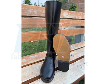 Handmade German Officer Leather Long Boot Round Toe With Leather Sole Black Color Boot, Military Boot, Men Boot, Long Boot, Officer Boot