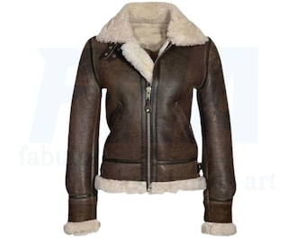 Women's Distressed Genuine Lambskin Brown Shearling Leather Jacket, Women's Brown Sheepskin Leather Bomber Sherpa Aviator Shearling Jacket