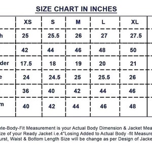 May include: A size chart in inches for jackets, with measurements for length, chest, shoulder, sleeve, waist, and bottom. Sizes range from XS to XXL, with corresponding measurements in inches. The chart includes a note about body-fit measurements.