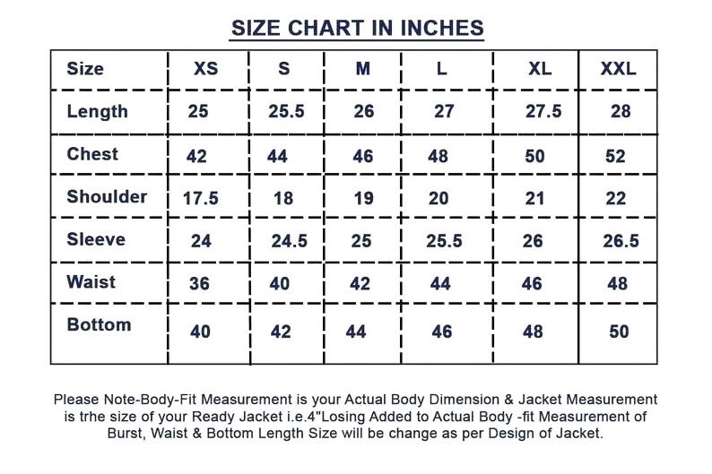 May include: A size chart in inches for jackets, with measurements for length, chest, shoulder, sleeve, waist, and bottom. Sizes range from XS to XXL, with corresponding measurements in inches. The chart includes a note about body-fit measurements.