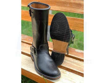 Handmade Black Leather Engineer Boots, Leather Engineer Boots For Men, Men Buckle Motorcycle Rider Boot, Motorcycle Riding Boot Gift For Him