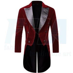 May include: A burgundy velvet tailcoat with a silver satin lapel and black tails. The double-breasted jacket has dark buttons and a classic design. The garment is a formal wear item.