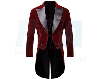 May include: A burgundy velvet tailcoat with a silver satin lapel and black tails. The double-breasted jacket has dark buttons and a classic design. The garment is a formal wear item.