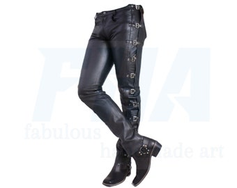 Men's Genuine Leather Buckle Pants, Rock Star Biker Style