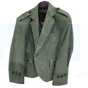 May include: A green tweed jacket with black buttons and a single button closure. The jacket has a traditional style with a collar and lapels.