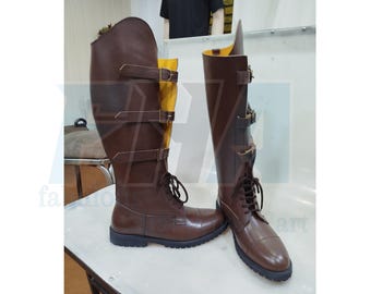 Military Brown Leather Long Boots with Triple Buckle Straps, Handmade Tall Riding Boots With Rubber Sole, Combat Style Boots For Men & Women