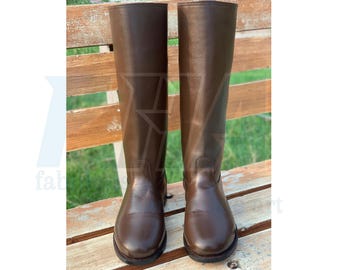 Handmade German Officer Leather Long Boot Round Toe With Leather Sole Brown Color Boot, Military Boot, Men Boot, Long Boot, Officer Boot