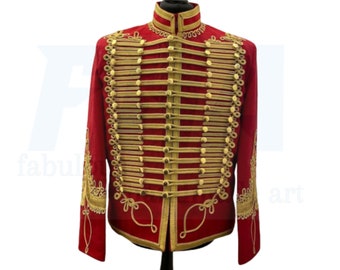 Red Napoleonic Jimmie Hendrix Military Style Tunic Plessie Hussar Uniform Jacket, Napoleonic Hussar Jackets Men, Pelisse Jimi Hendrix Jacket