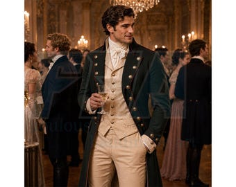 May include: A man in a formal outfit, including a dark green coat with gold buttons, a cream-colored vest, and beige pants. He holds a glass of champagne in a crowded ballroom setting with chandeliers and other formally dressed people.