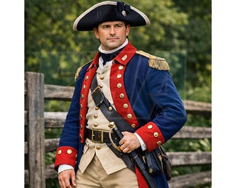 May include: A man in a Revolutionary War era uniform. The blue coat has red cuffs and lapels with gold buttons. He wears a black tricorn hat, a white shirt, and tan pants. A black sword and belt are visible.