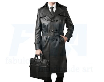 ブラックレザー トレンチコート ダブルブレスト メンズ ブラック ダブルブレスト レザー トレンチコート、メンズ