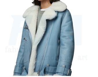 Women's Light Blue Sheepskin Shearling Aviator Jacket