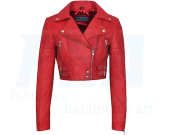 Handmade Red Cropped Leather Biker Jacket, Slim Fit Moto Jacket