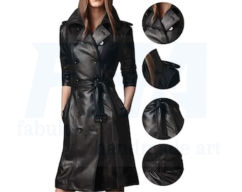 Black Lambskin Leather Trench Coat, Belted Long Coat