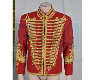 Napoleonic Uniform Military Hussar Jacket Red, Tunic Pelisse Hendrix Pipe Band Jacket, Gold Braided Jacket, Men Hussar Fashion jackets