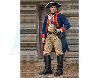 May include: A historical costume featuring a blue coat with red trim, gold buttons, and a white vest. The outfit includes tan breeches, black boots, and a tricorn hat. A sword is attached to the belt.