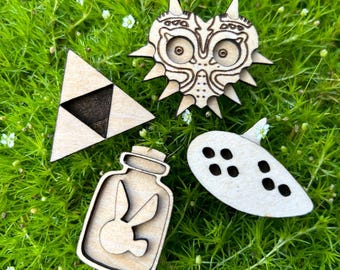 Laser cut rubber back wood pins - nerdy designs