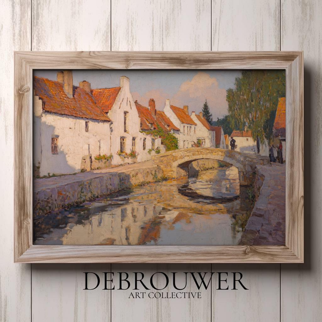 Rustic European Village Print, Vintage Oil Painting, Rustic Town Printable, Old Bridge Painting, Vintage Landscape Home Decor, Digital Art