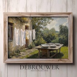 Arte de lavanderia rústica de fazenda, pintura a óleo em estilo country, decoração vintage para casa, impressão campestre, paisagem de verão, arte de parede para impressão