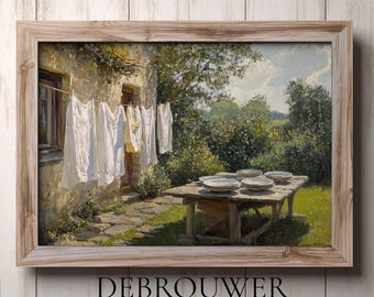 Rustic Farmhouse Laundry Art, Country Style Oil Painting, Vintage Home Decor, Countryside Print, Summer Landscape, Printable Wall Art