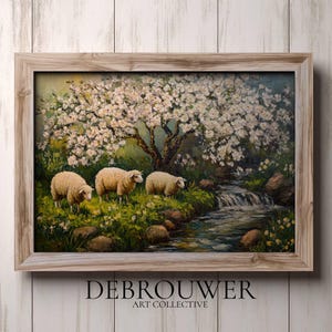 Sheep River Painting, Country Style Oil Painting, Vintage Home Decor, Countryside Print, Summer Landscape, Printable Wall Art, Pasture