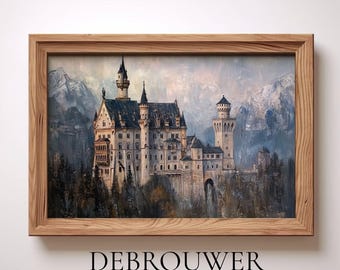 Afdrukbaar kasteel kasteel Neuschwanstein, vintage kasteel muurkunst, decor landhuis, kasteel schilderij, rustieke muurkunst, vintage olieverfschilderij