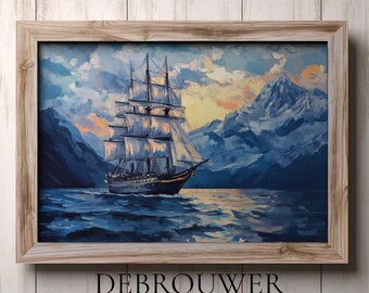 Paisaje de barco antiguo imprimible, arte mural de barco de guerra vintage, decoración abstracta para el hogar, pintura de barco, arte mural rústico, pintura al óleo vintage, arte marino
