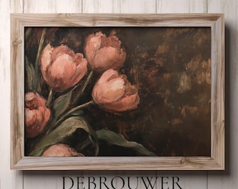 Pink Tulip Painting Printable, Vintage Floral Wall Art Print, Rustic Flower Art, Home Decor Printable, Vintage Oil Painting, Tulips Art