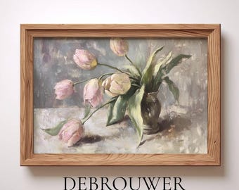 May include: A framed oil painting of a still life featuring a bouquet of pink tulips in a brown vase. The tulips are arranged in a vase on a white tablecloth. The painting is set against a light blue background.
