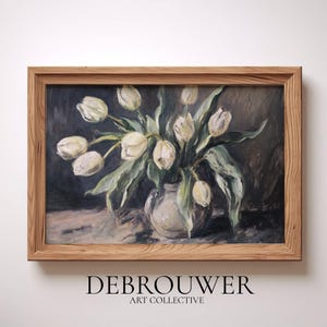 May include: A framed painting of a white tulip bouquet in a gray vase. The painting is set against a dark background and features a simple, realistic style.